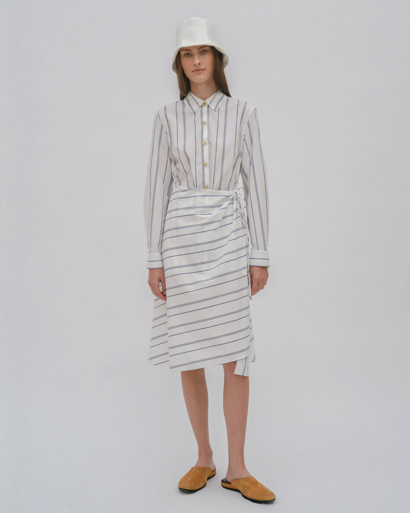 ASYMMETRIC APRON SHIRT - WIDE STRIPE COTTON POPLIN