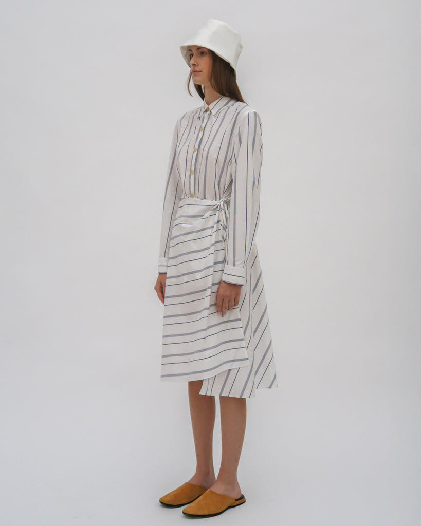 ASYMMETRIC APRON SHIRT - WIDE STRIPE COTTON POPLIN