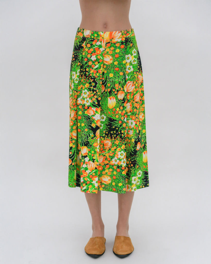 PULL ON PLEATED MIDI SKIRT - GARDEN FLORALS