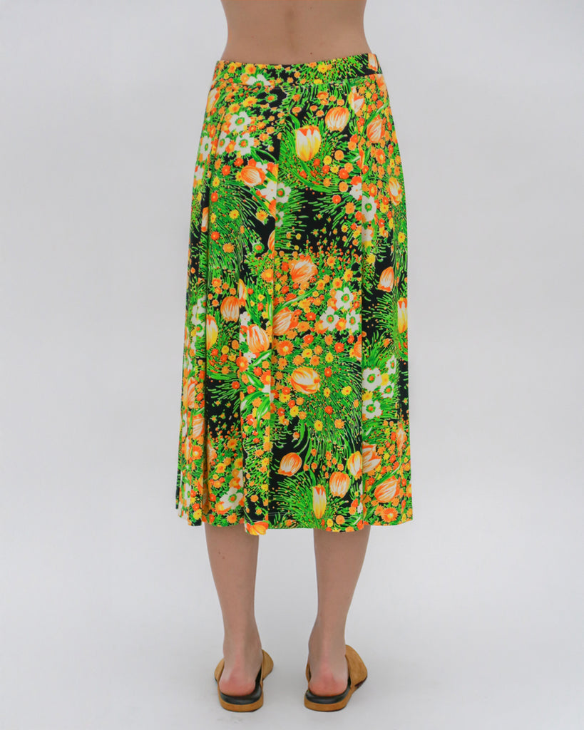 PULL ON PLEATED MIDI SKIRT - GARDEN FLORALS