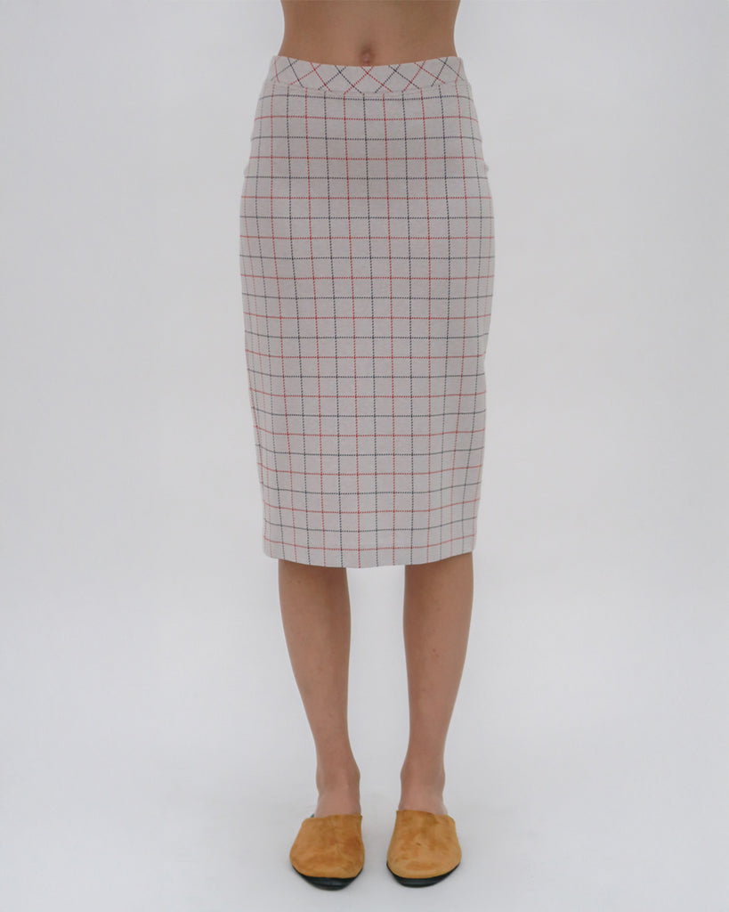 PULL ON PENCIL SKIRT - STRIPED WINDOWPANE