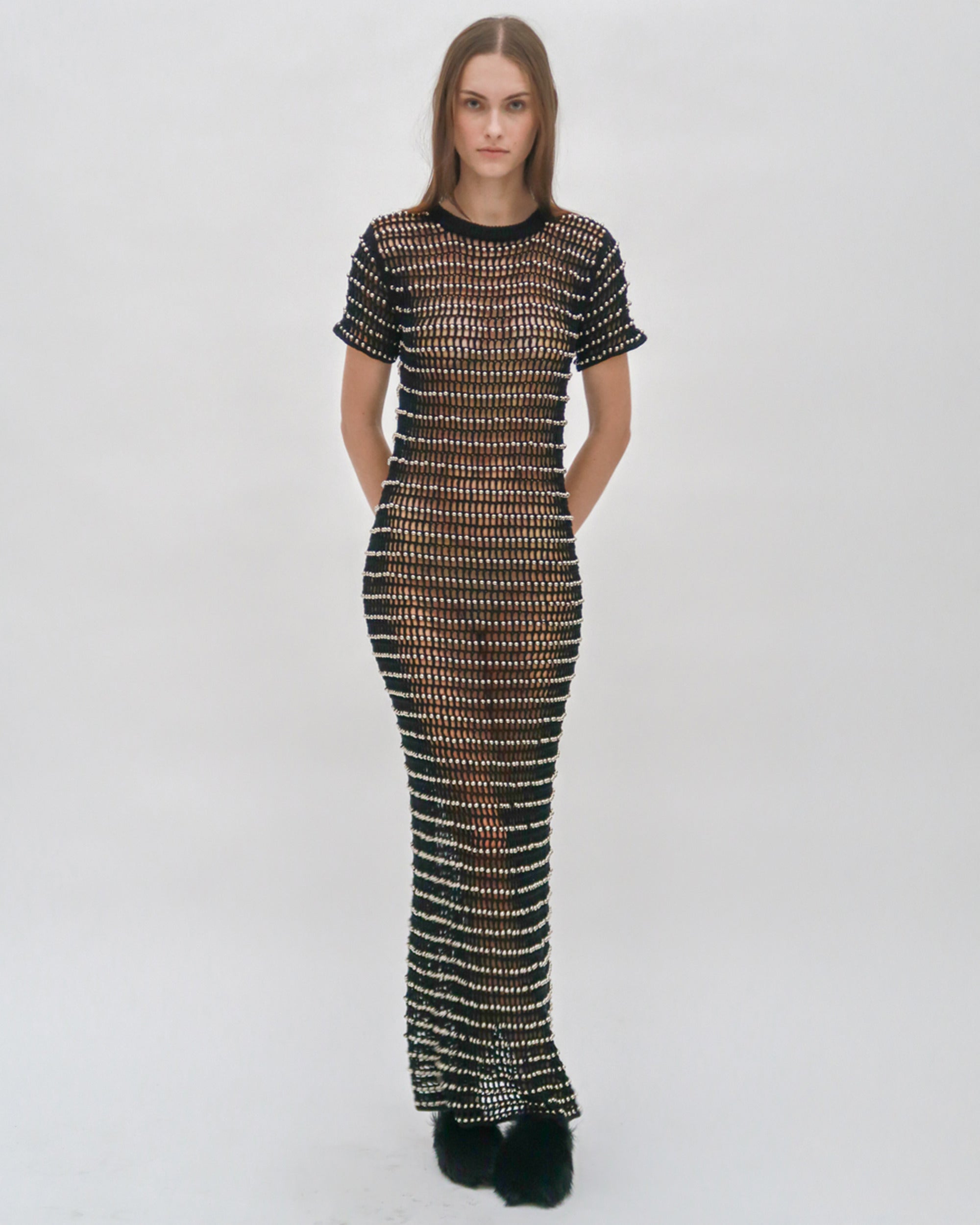 BEADED CROCHET SHORT SLEEVE DRESS L / Black / SILVER BEADED CROCHET SHORT SLEEVE DRESS L / Black / SILVER