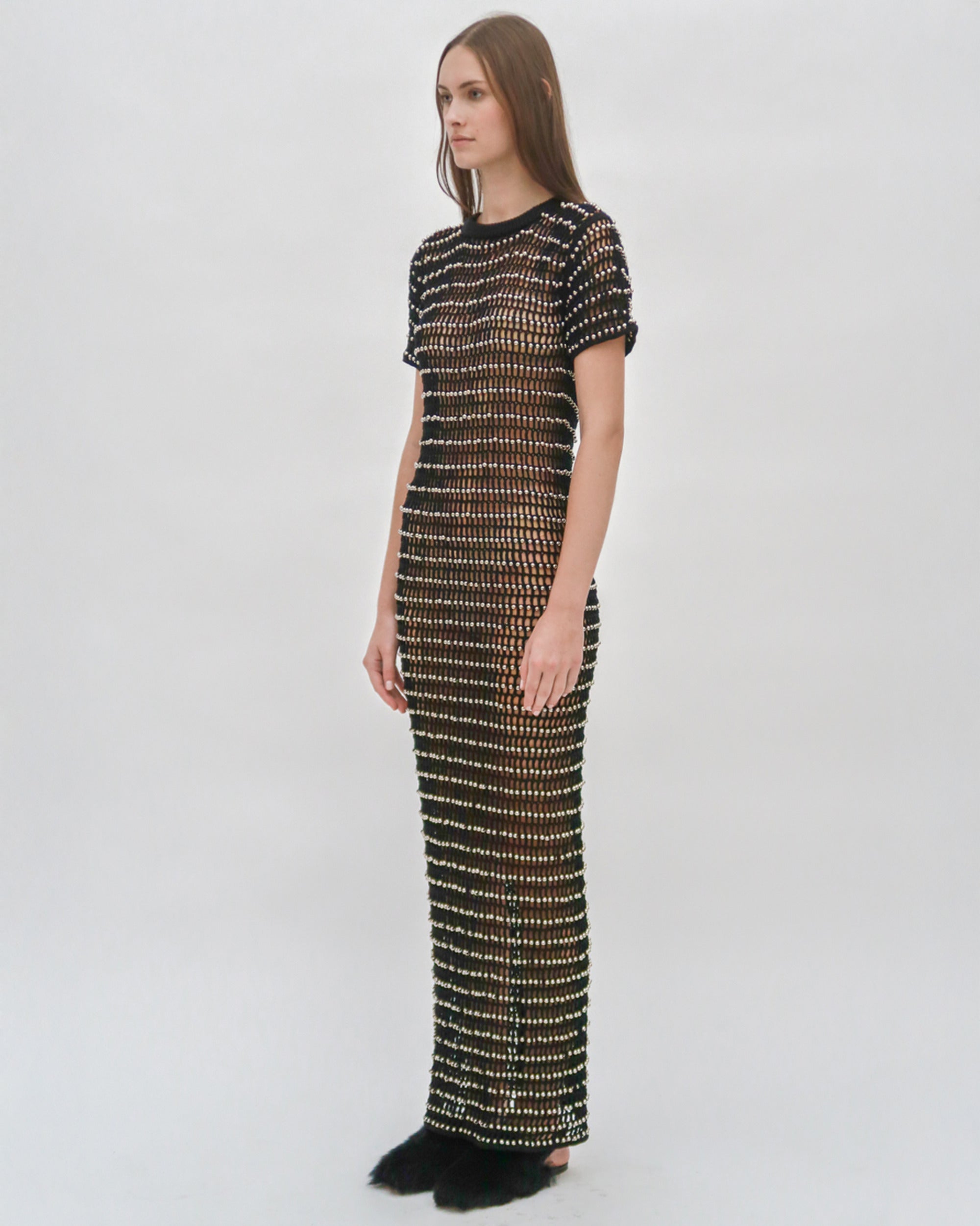 Beaded Crochet Short Sleeve Dress L / Black / Silver Beaded Crochet Short Sleeve Dress L / Black / Silver