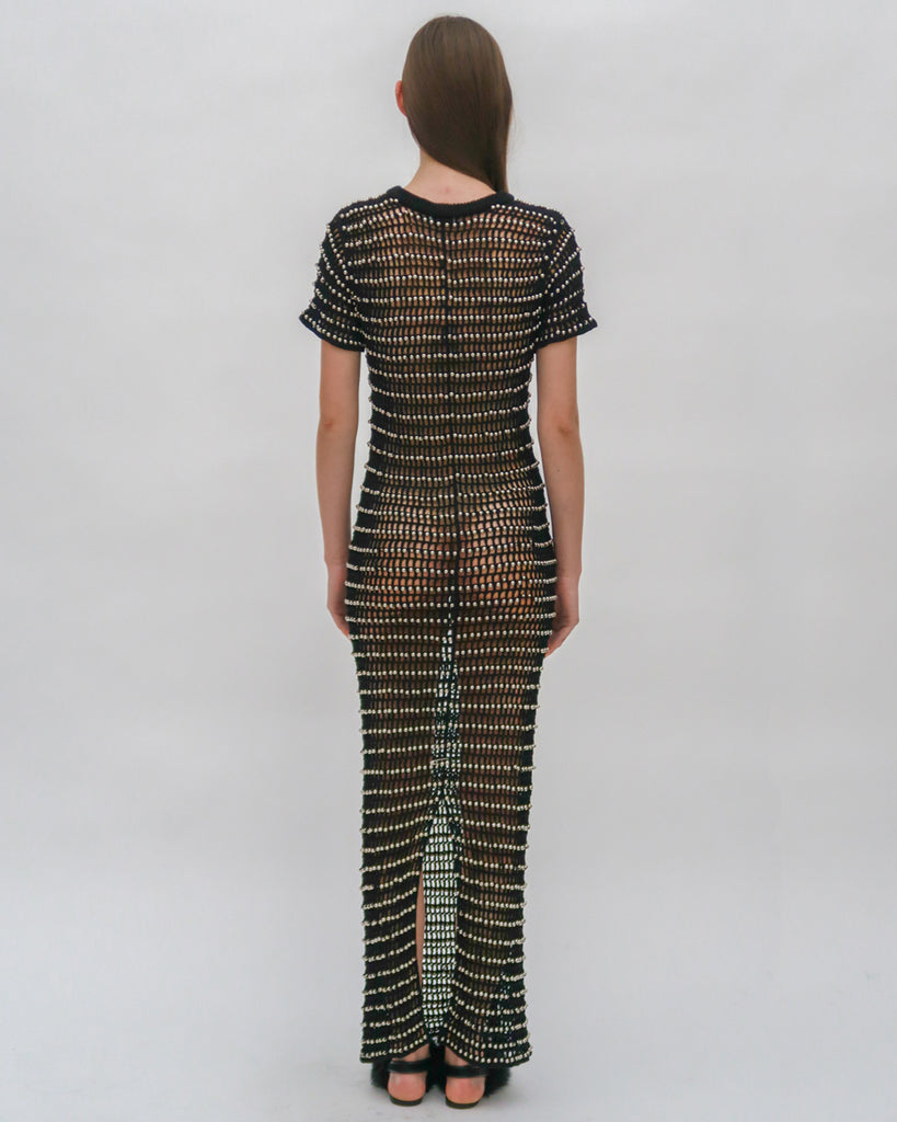 BEADED CROCHET SHORT SLEEVE DRESS L / Black / SILVER BEADED CROCHET SHORT SLEEVE DRESS L / Black / SILVER