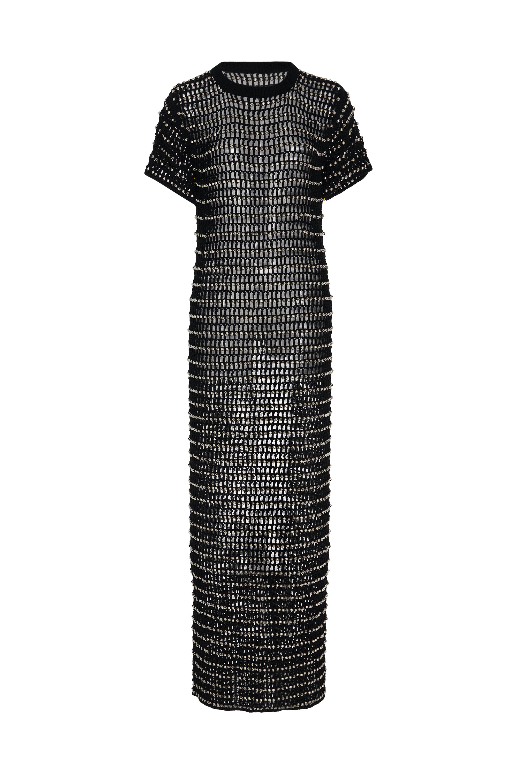 BEADED CROCHET SHORT SLEEVE DRESS L / Black / SILVER BEADED CROCHET SHORT SLEEVE DRESS L / Black / SILVER