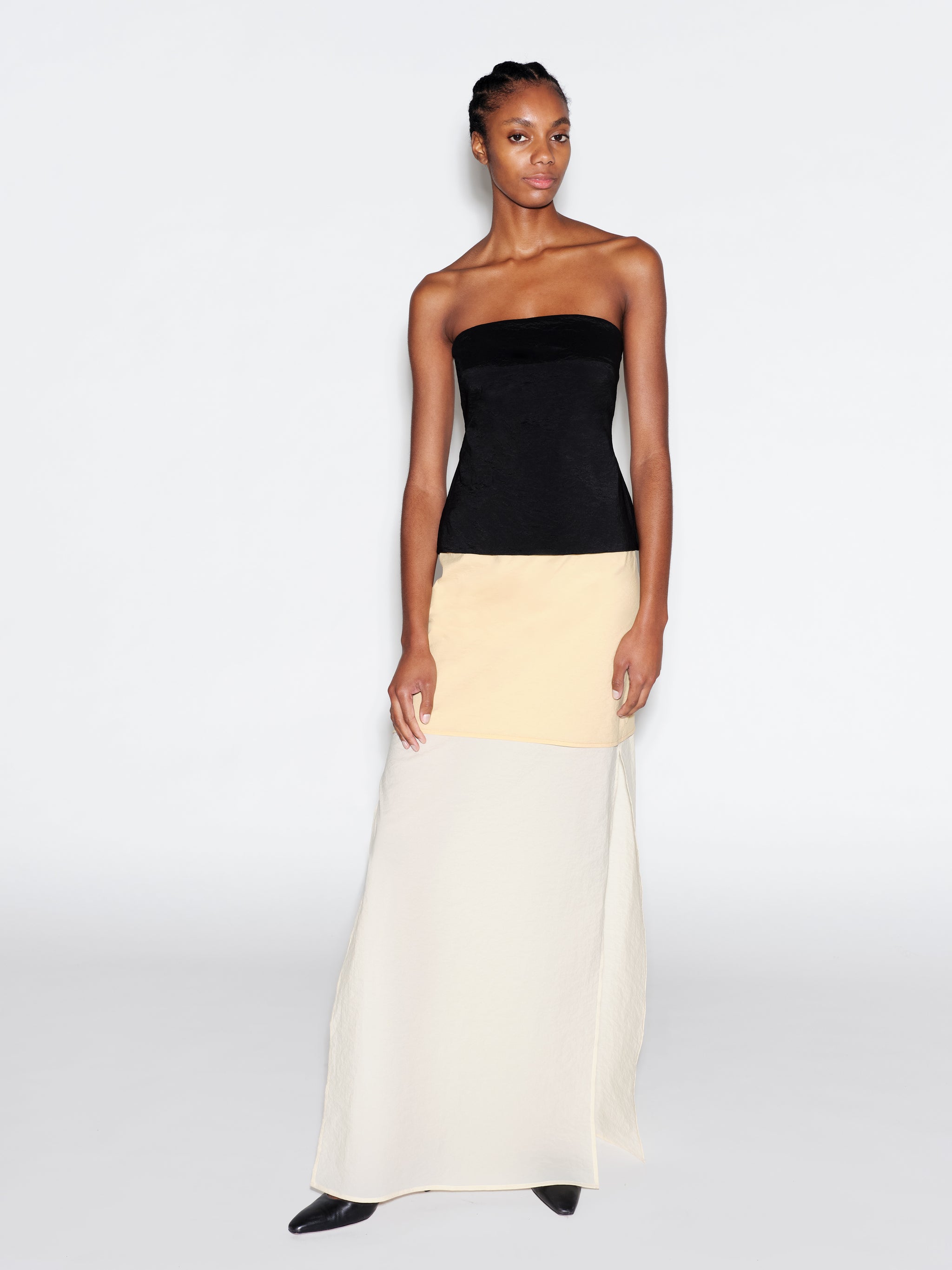 dress layered skirt T272065 Classic Couture Satin and Tulle A-Line Gown with Banded Neckline and Ruffle Layered Skirt