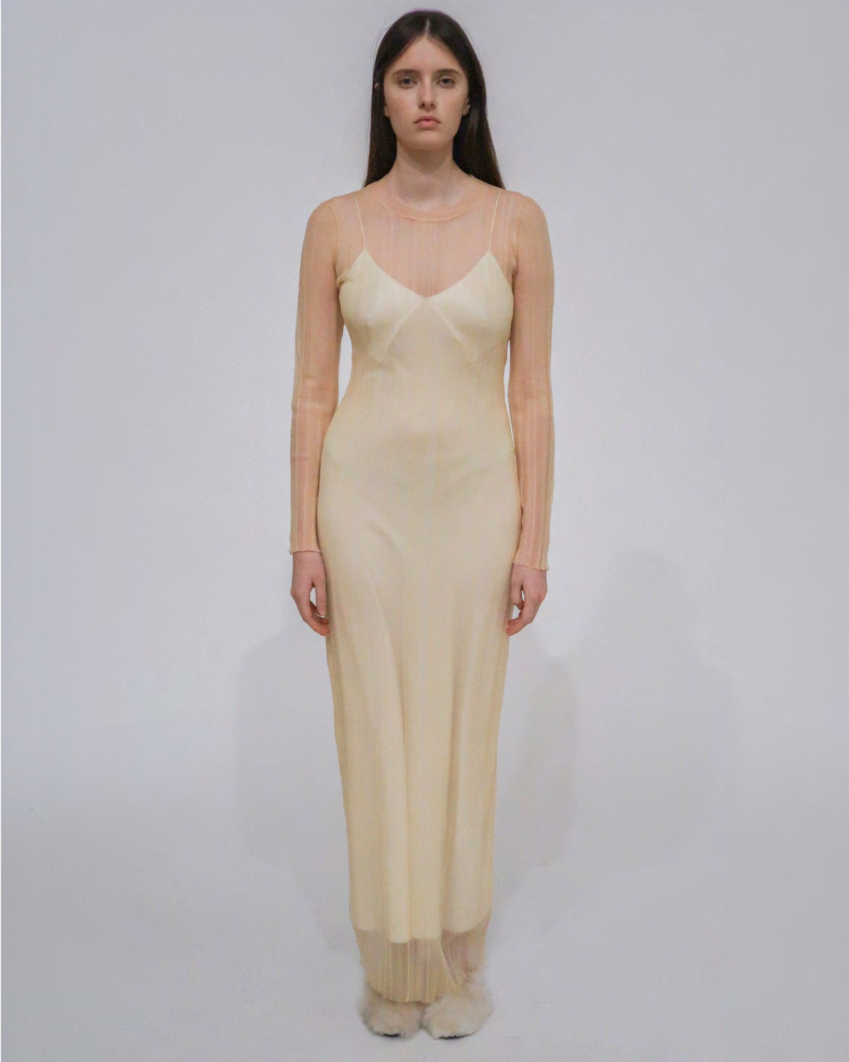 SHEER PLISSE LONG SLEEVE Dress XS / CREAM
