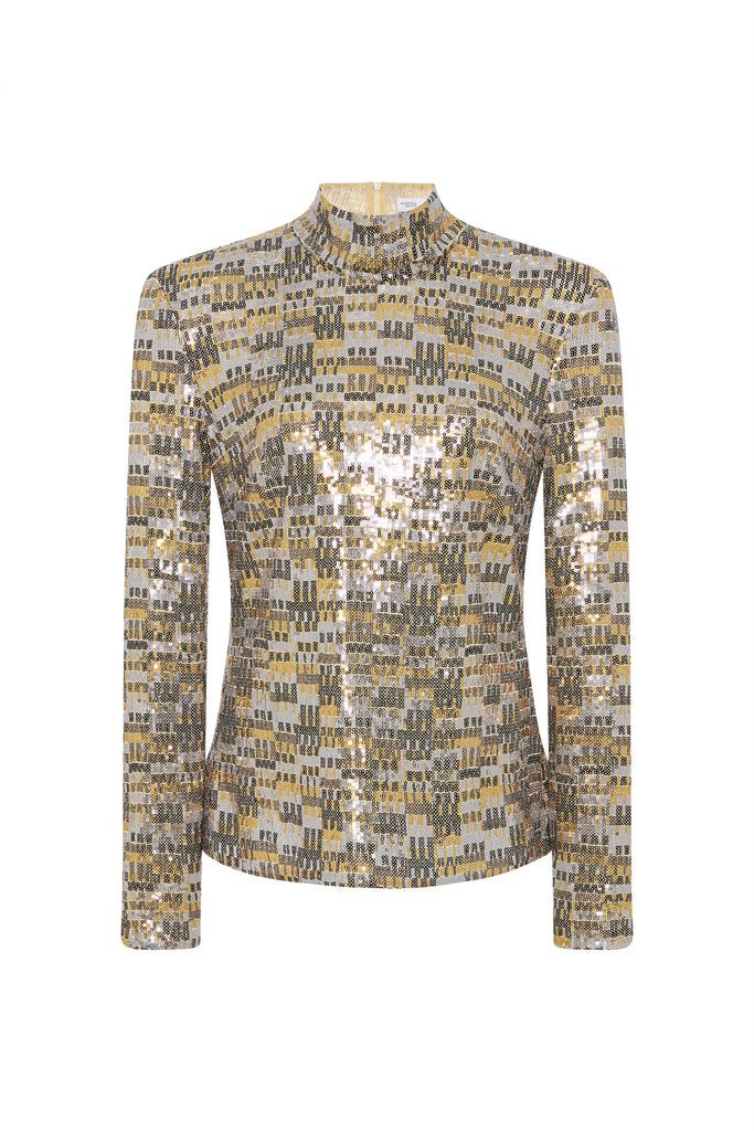 FITTED TURTLENECK TOP - BAUHAUS MESH SEQUINS