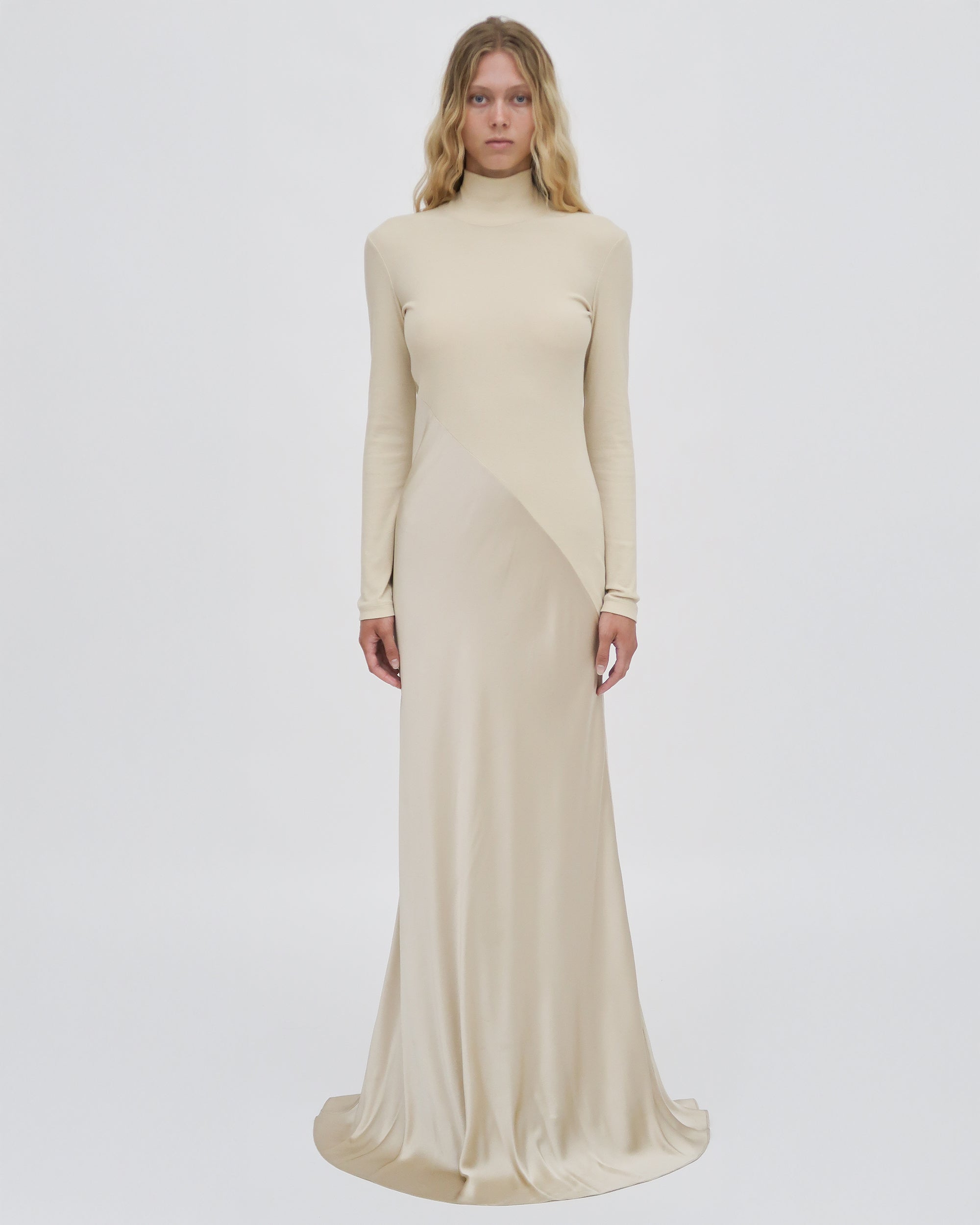 BIAS TURTLENECK COMBO MAXI DRESS XL / CHAMPAGNE BIAS TURTLENECK COMBO MAXI DRESS XL / CHAMPAGNE
