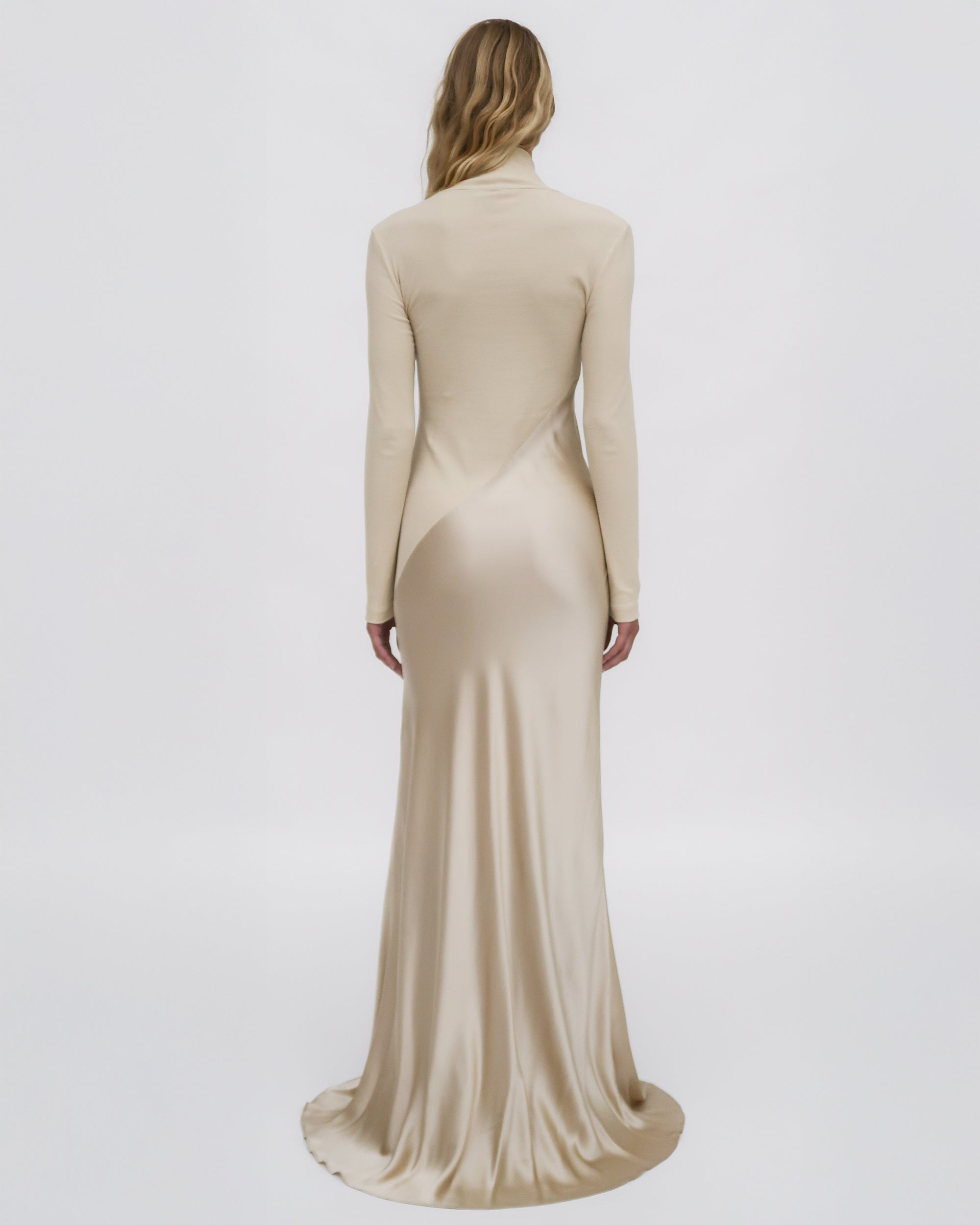 Rosetta Getty Women's Bias-Cut Turtleneck Mix Media Gown - Champagne - Size XL Rosetta Getty Women's Bias-Cut Turtleneck Mix Media Gown - Champagne - Size XL