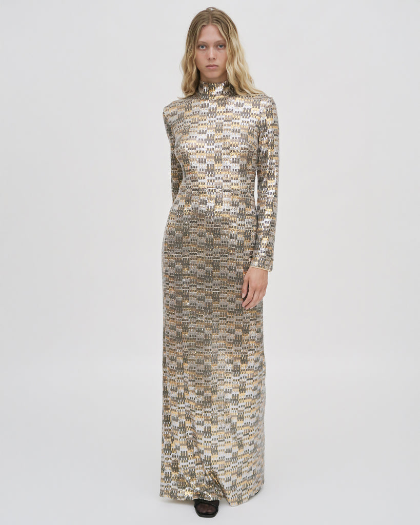 FITTED TURTLENECK MAXI DRESS - BAUHAUS MESH SEQUIN