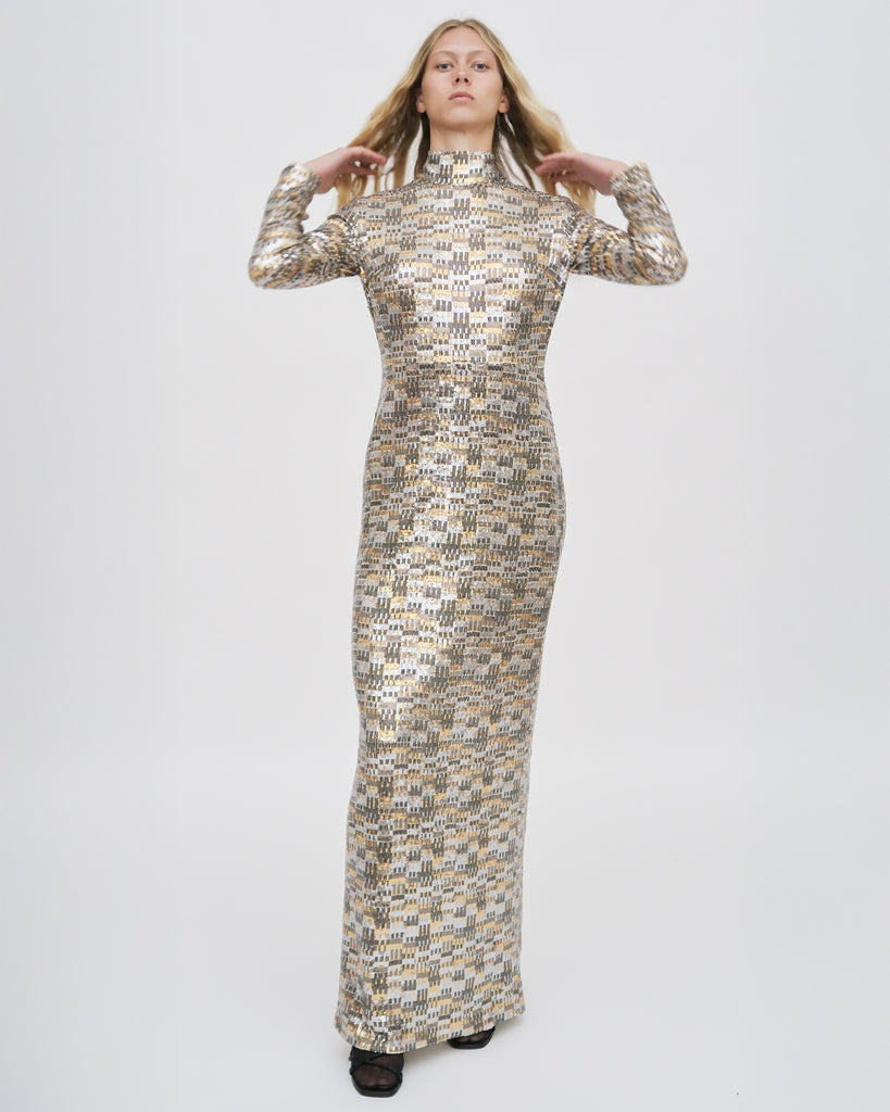 FITTED TURTLENECK MAXI DRESS - BAUHAUS MESH SEQUIN