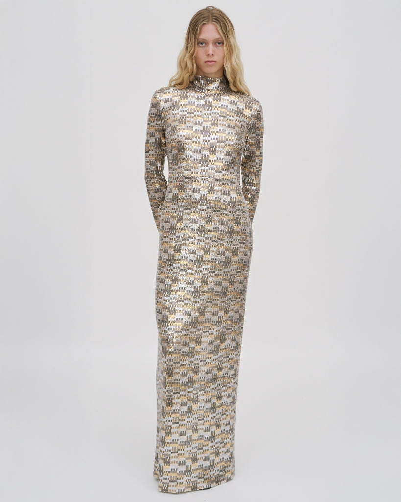 FITTED TURTLENECK MAXI DRESS - BAUHAUS MESH SEQUIN
