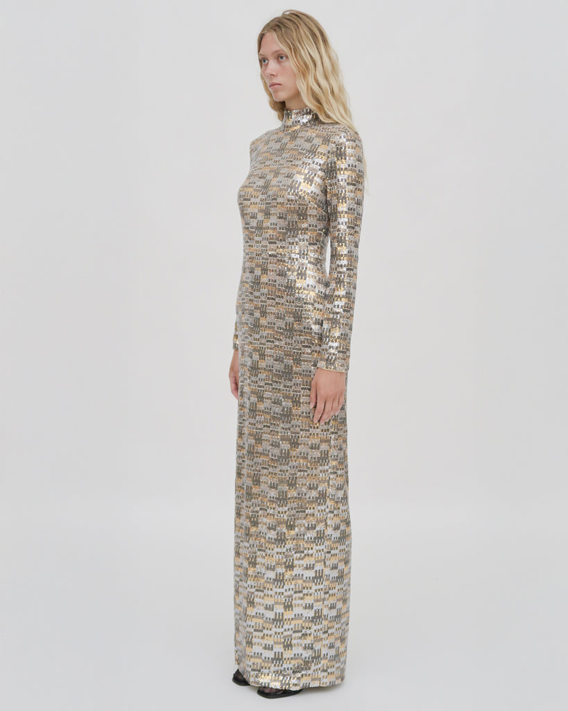 FITTED TURTLENECK MAXI DRESS - BAUHAUS MESH SEQUIN