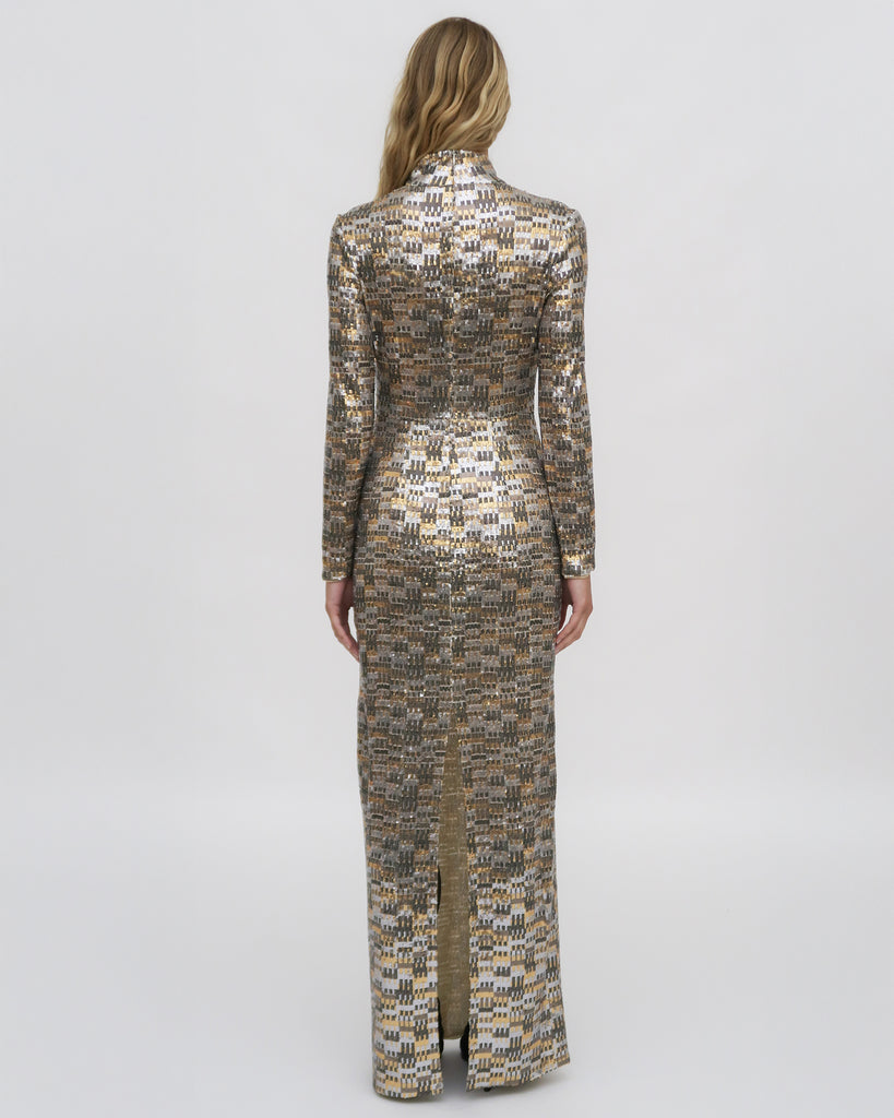FITTED TURTLENECK MAXI DRESS - BAUHAUS MESH SEQUIN