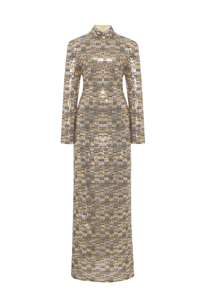 FITTED TURTLENECK MAXI DRESS - BAUHAUS MESH SEQUIN