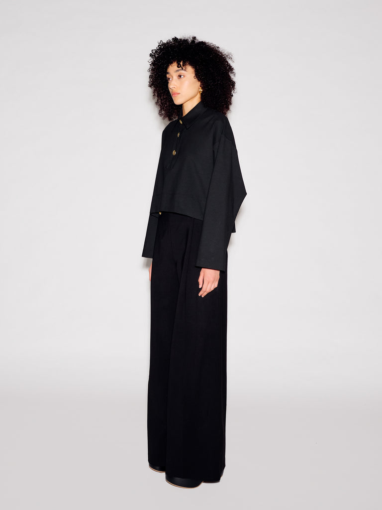 LONG SLEEVE CROPPED OVERSIZED POLO - SOLID