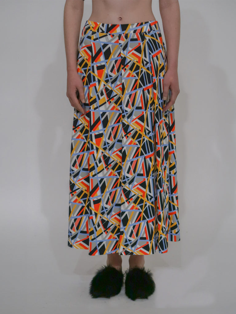 PULL-ON PLEATED MAXI SKIRT - ABSTRACT PAINT LINES