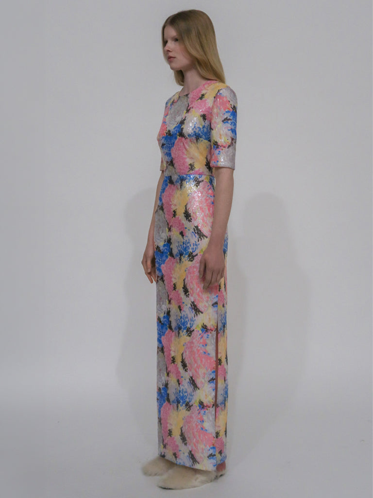 SHORT SLEEVE T-SHIRT GOWN - PAINTED FLORAL SEQUIN