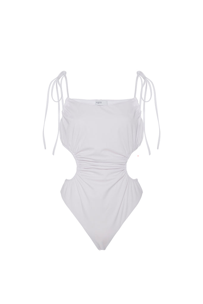 RUCHED CUTOUT TIE SWIMSUIT